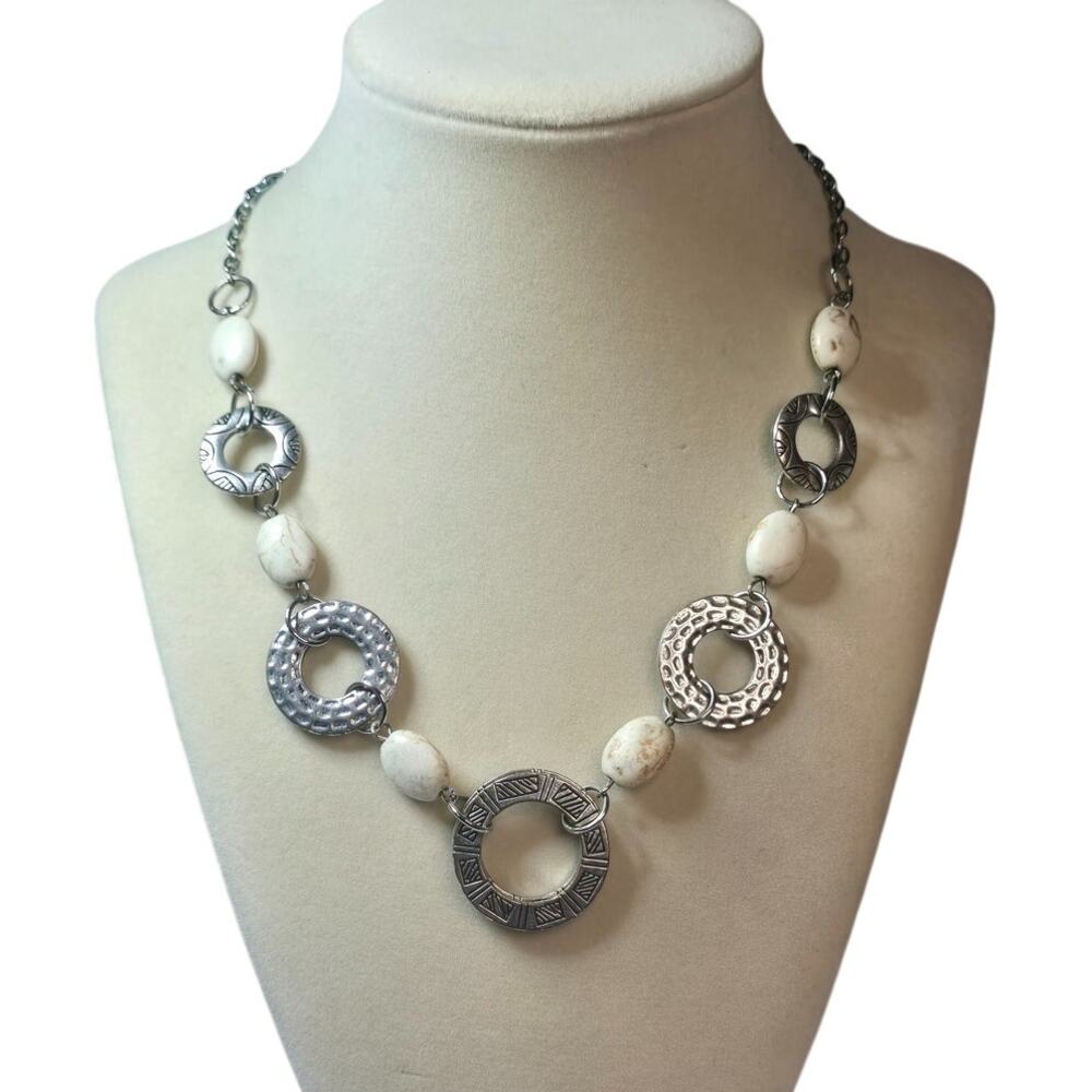 Ivory Stone and Hammered Silver Disc Necklace - Modern Chic